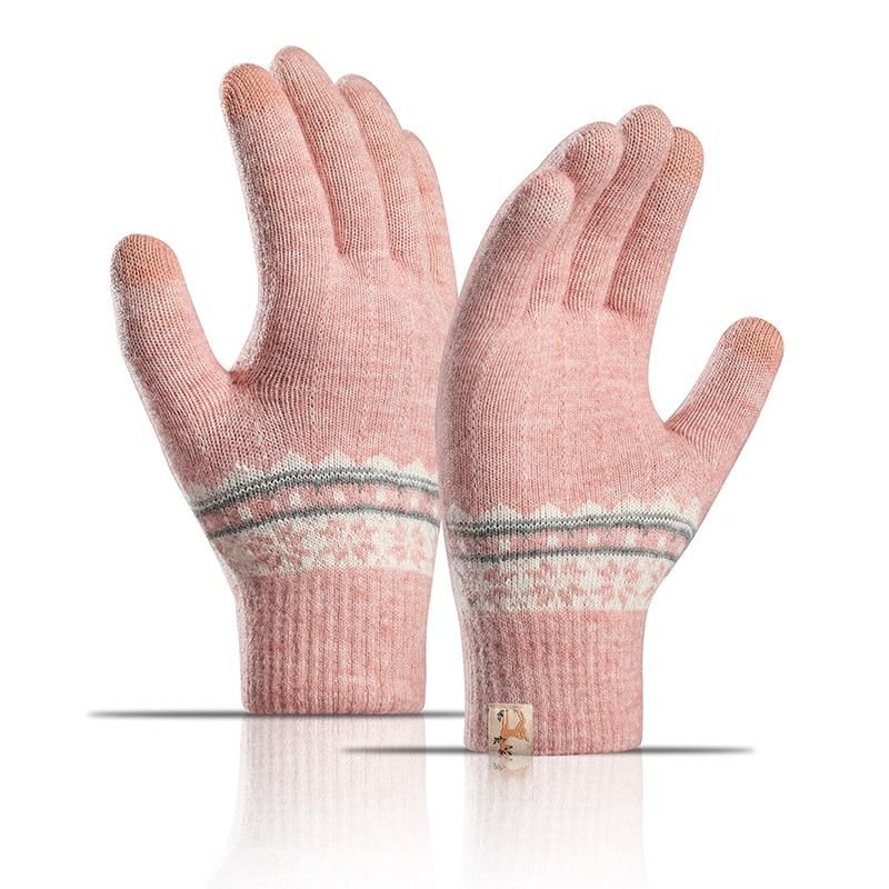 Autumn Winter Women Fashion Thickened Warm Knitted Jacquard Touch Screen Gloves