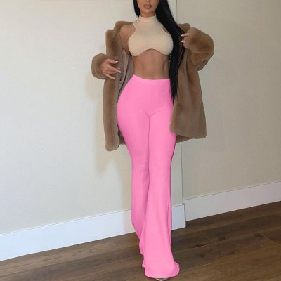 Summer Women Casual Solid Color High Waist Flared Pants