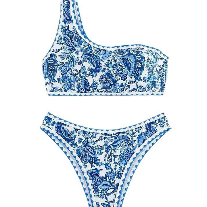 Women Summer Vacation Sexy One Shoulder Blue And White Porcelain Printed Bikini Swimsuit