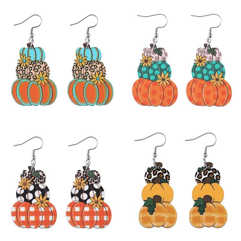 Thanksgiving Women Cartoon Plaid Pumpkin Floral Wooden Double-Sided Earrings