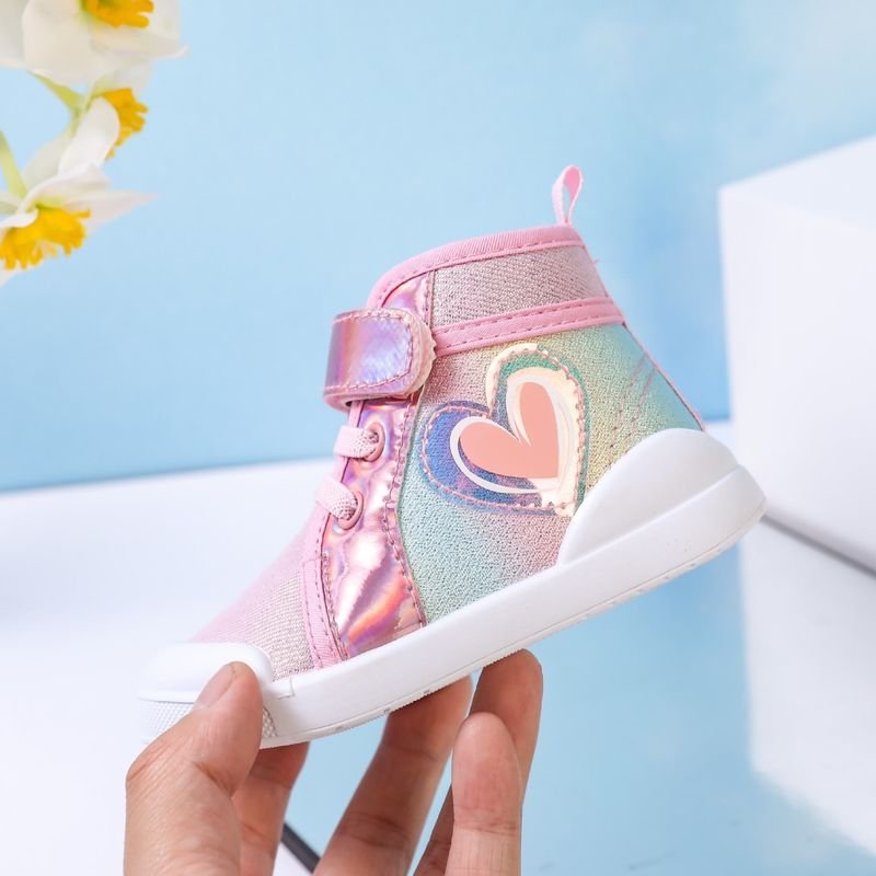 Kids Girls Casual Cute Sweet Heart Shaped Pattern Velcro Lace-Up Flat Canvas Sneakers