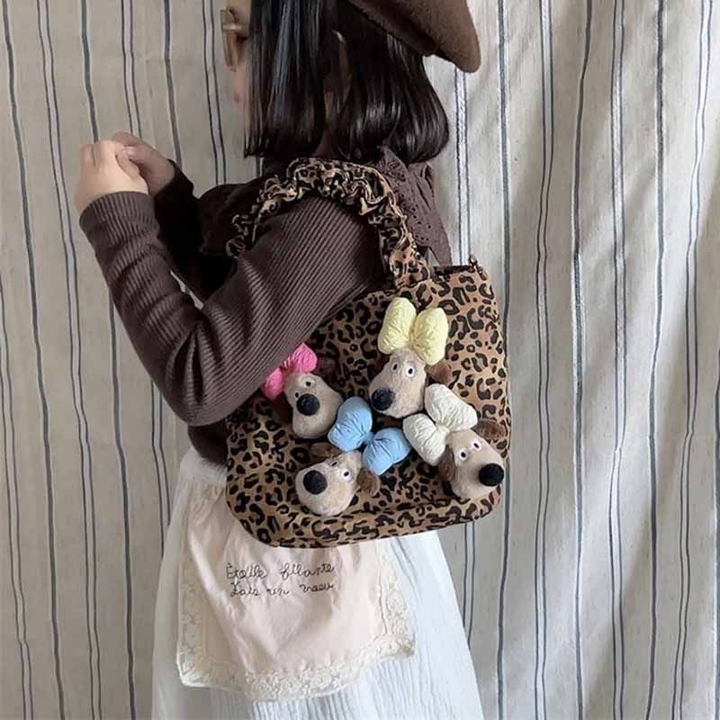 Kids Girls Casual Cute Cartoon Dolls Leopard Handle Crossbody Bag