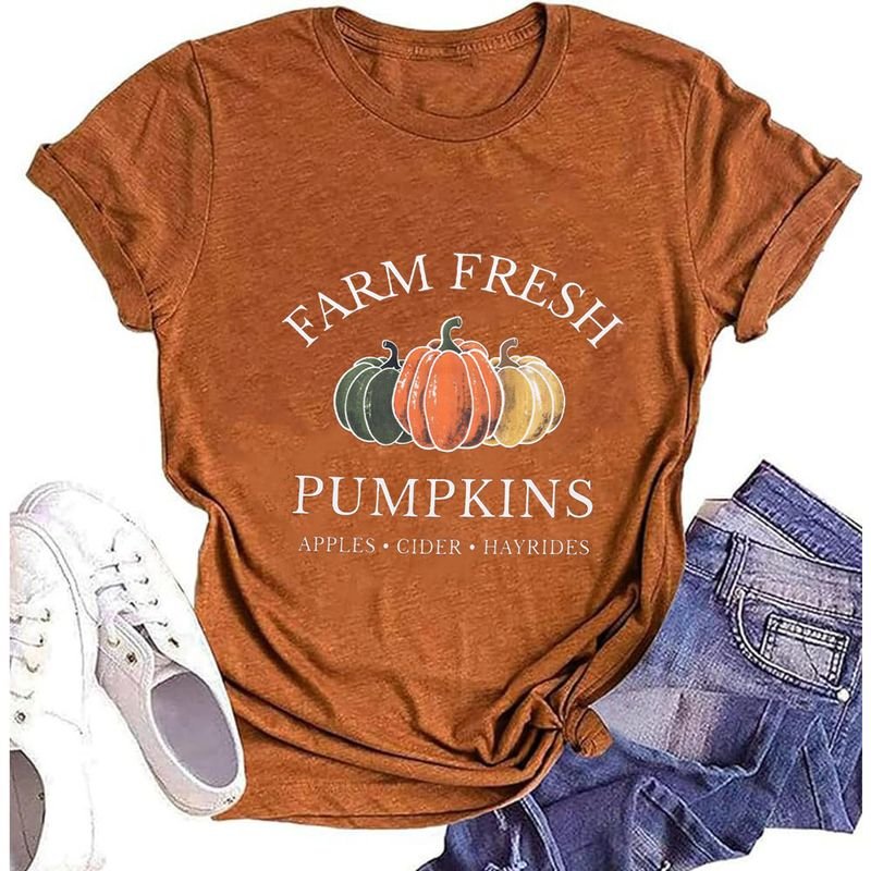 Thanksgiving Women Fashion Letter Pumpkin Print Round Neck Short Sleeve T-Shirt