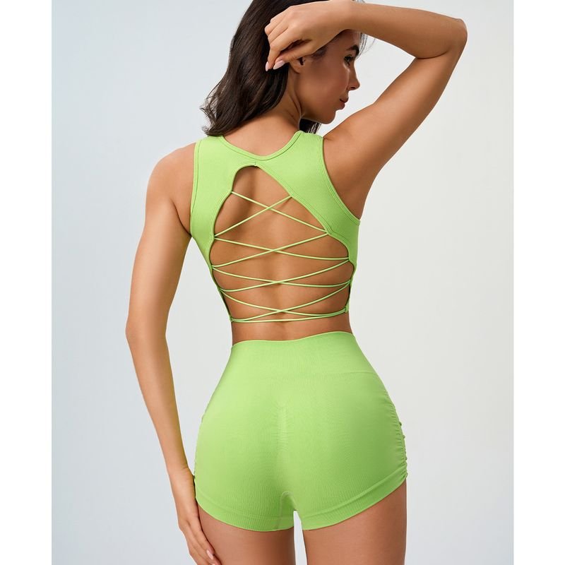 Women Yoga Solid Backless Vest And Shorts Sport Two-Piece Set