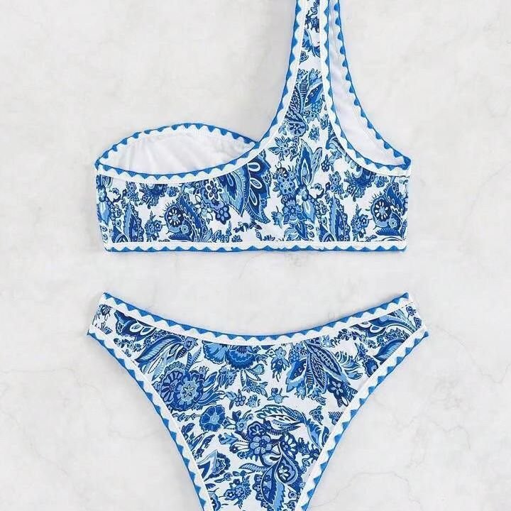 Women Summer Vacation Sexy One Shoulder Blue And White Porcelain Printed Bikini Swimsuit