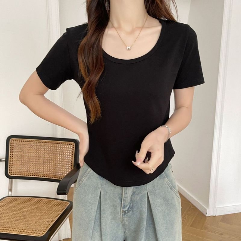 Women Basic U Neck Short-Sleeved Summer Cotton Stretch Slim-Fit T-Shirt Custom