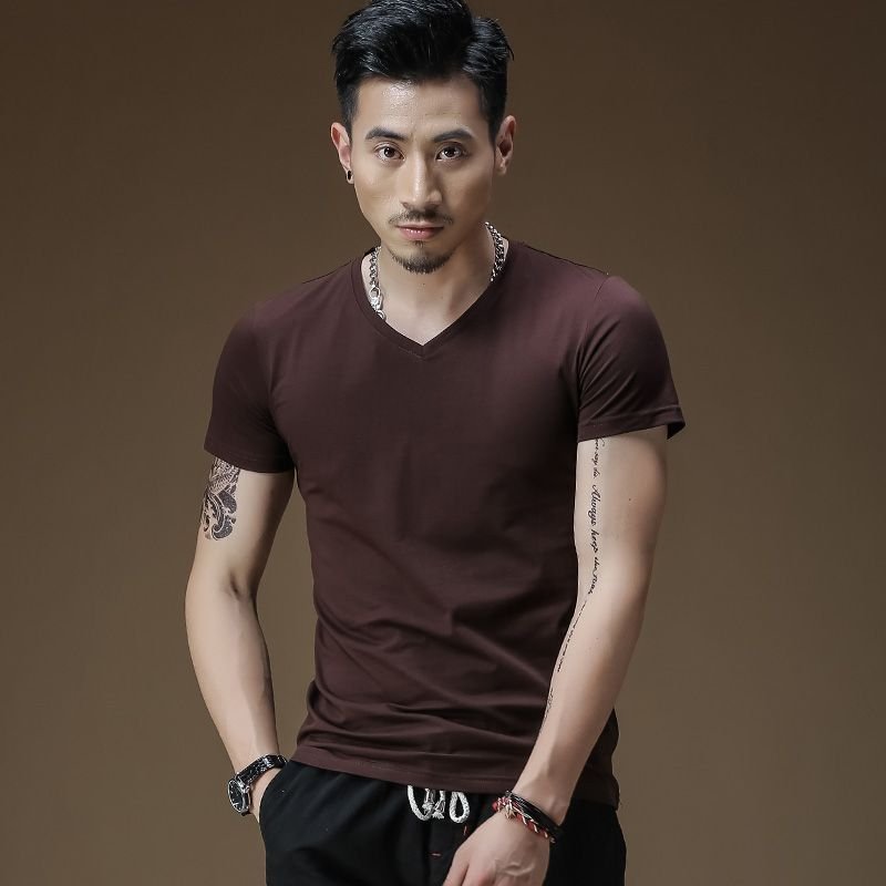 Short-Sleeved Polyester T-Shirt Men V Neck Slim-Fit Solid Color Logo Custom