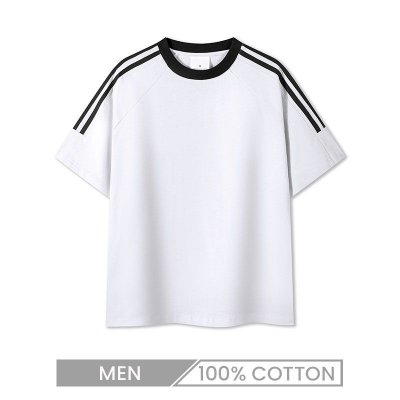 250gsm Men Stripes 100% Cotton Retro Casual Short Sleeve T-Shirt