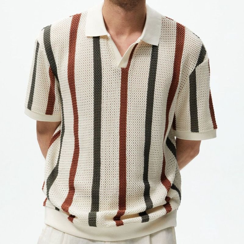 Men Fashion Casual Basic Stripe Knitted Short Sleeve Lapel POLO Shirt