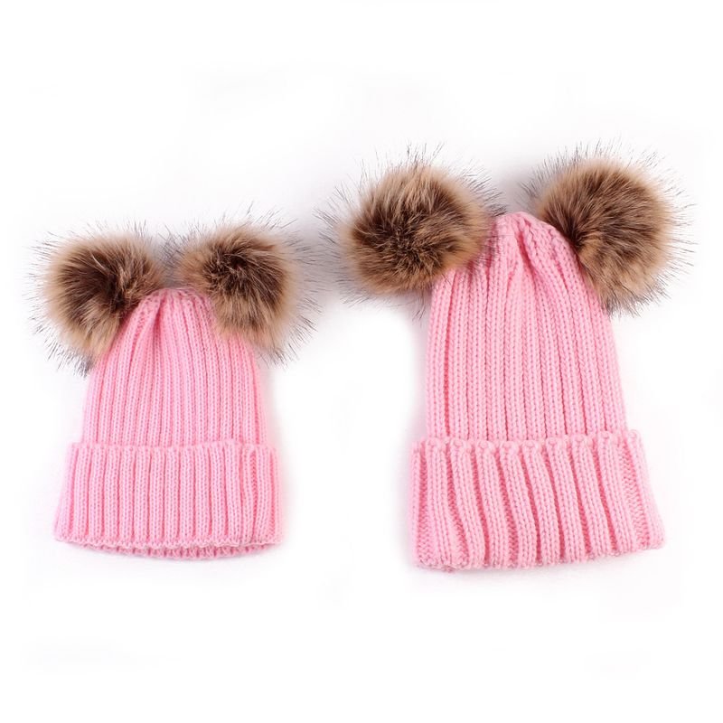 Autumn Winter Fashion Simple Warm Plush Ball Knitted Parent-Child Wool Hat Set