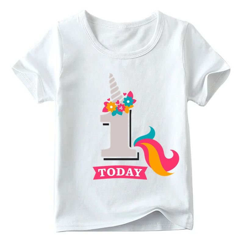 Kids Cute Cartoon Unicorn Number Pattern Round Neck Short Sleeve Birthday Loose T-shirt