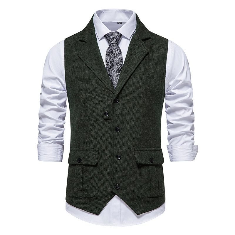 Men Fashion Casual Business British Style Solid Color Sleeveless Lapel Vest