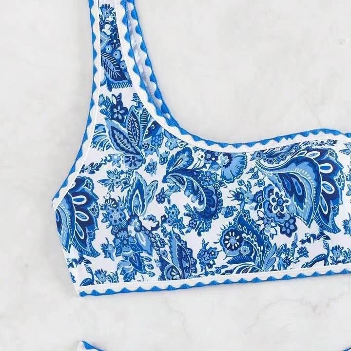 Women Summer Vacation Sexy One Shoulder Blue And White Porcelain Printed Bikini Swimsuit