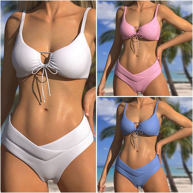 Women Fashion Sexy Solid Color Lace-Up Bikini Swimsuit Set