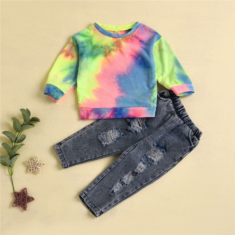 Girl Round Neck Long Sleeve Tie Dye Tops And Ripped Jeans Set