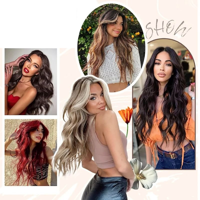 Wig Women One-Piece Hair-Extension Long Hair High Temperature Silk V-Shaped Water Corrugated Fluffy Hair-Increasing Wig Patch