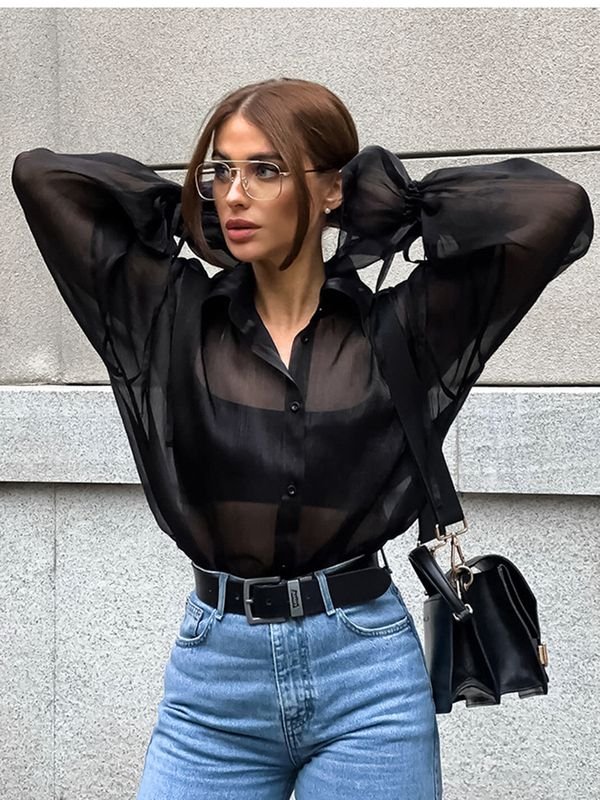 Women Fashion Mesh Perspective Loose Lantern Sleeve Shirt