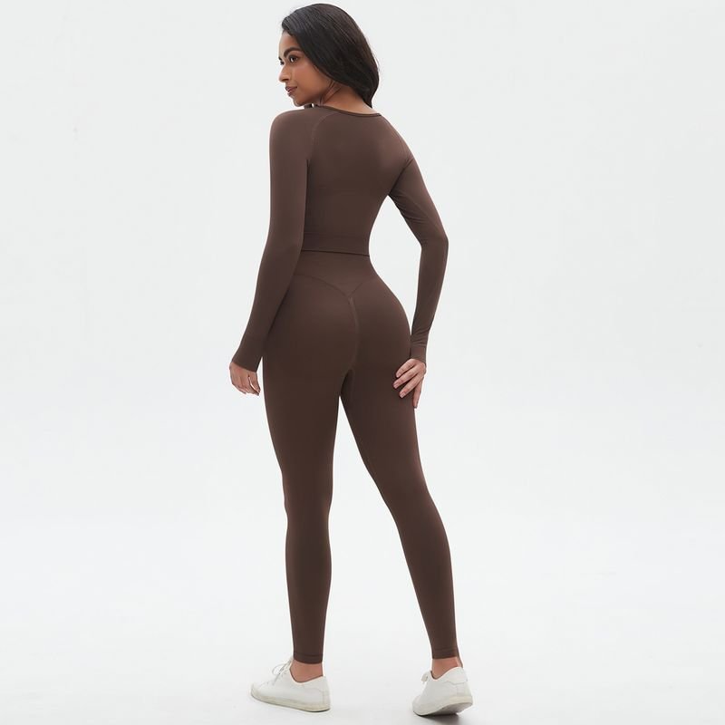 Women Simple Solid Color Long-Sleeved Tight Sports Fitness Yoga Top Pants Two-Piece Set