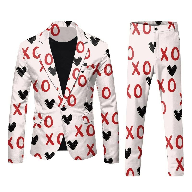 Men Fashion Casual Valentine Party Letter Heart Shape 3D Print Long Sleeve Lapel Suit Trousers Set