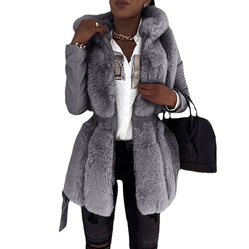 Plus Size Faux Fur Coat Women Winter Warm Hooded Solid Color Plush Zipper Jacket Coat