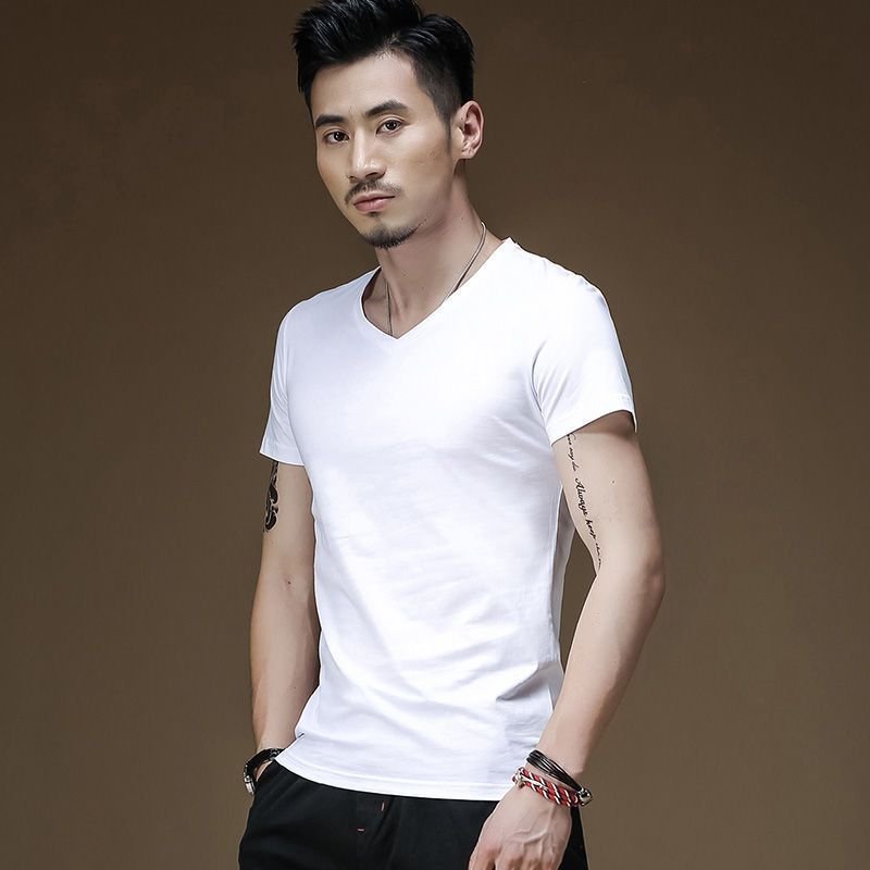 Short-Sleeved Polyester T-Shirt Men V Neck Slim-Fit Solid Color Logo Custom