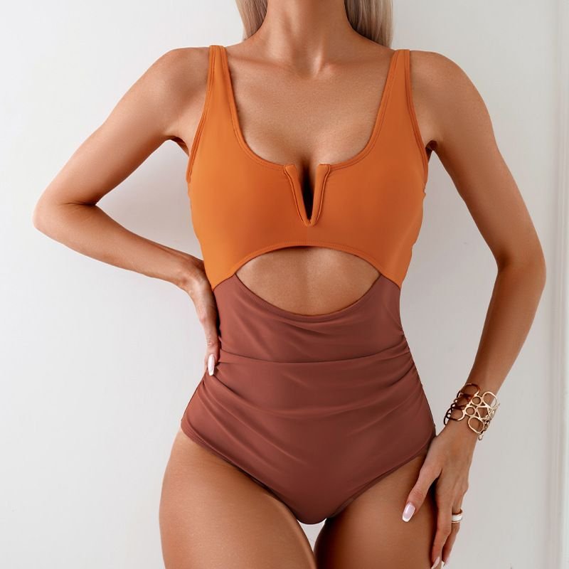 Women Cut Out Color Blocking Quick-Drying One-Piece Swimsuit