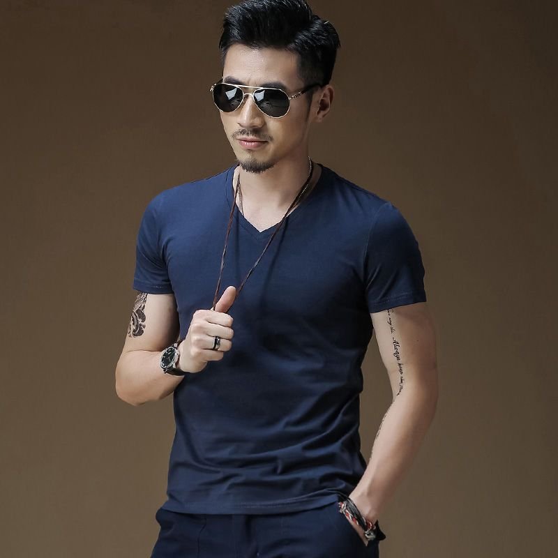 Short-Sleeved Polyester T-Shirt Men V Neck Slim-Fit Solid Color Logo Custom