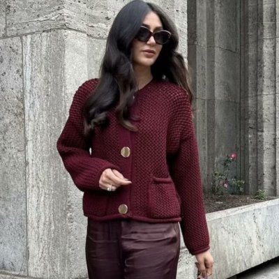 Autumn Winter Women Fashion Round Neck Hollow Long Sleeve Knitted Sweater Coat