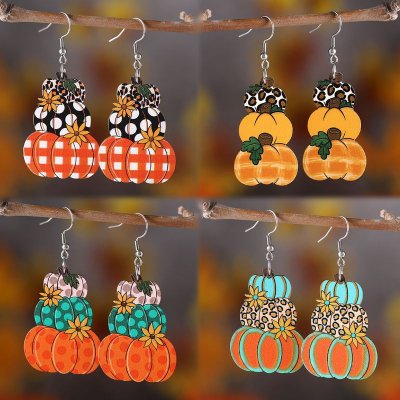 Thanksgiving Women Cartoon Plaid Pumpkin Floral Wooden Double-Sided Earrings