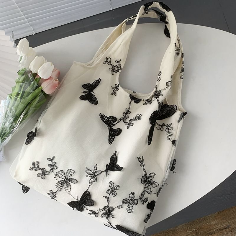 Women Fashion Creative Embroidered Black Butterfly Lace Large Capacity Canvas Tote Bag