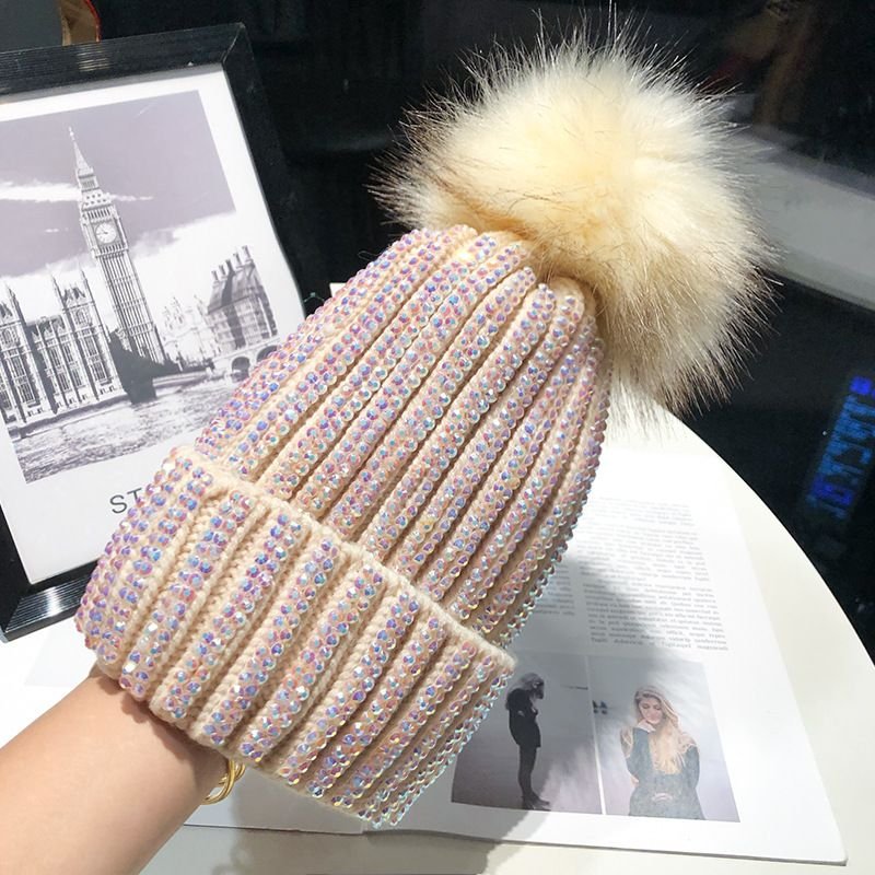 Autumn Winter Women Fashion Fur Ball Rhinestone Warm Knitted Wool Hat