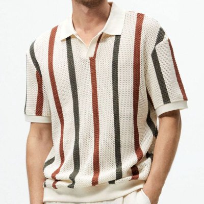 Men Fashion Casual Basic Stripe Knitted Short Sleeve Lapel POLO Shirt