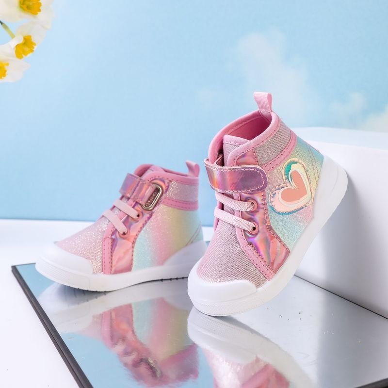 Kids Girls Casual Cute Sweet Heart Shaped Pattern Velcro Lace-Up Flat Canvas Sneakers