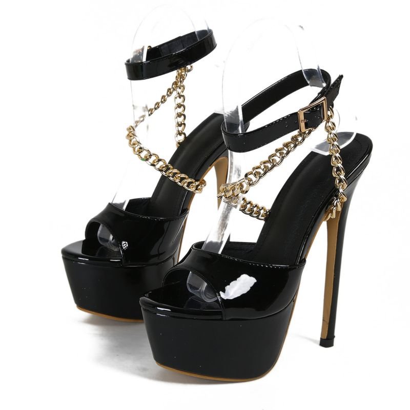 Nightclub Women Fashionable Sexy Plus Size Platform Metal Chain High Heeled Sandals