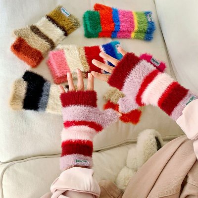 Autumn Winter Women Fashion Rainbow Warm Knitted Half Finger Gloves