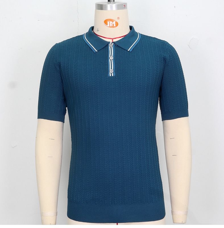 Men Fashion Casual Business Stripe Knitted Short Sleeve Lapel POLO Shirt