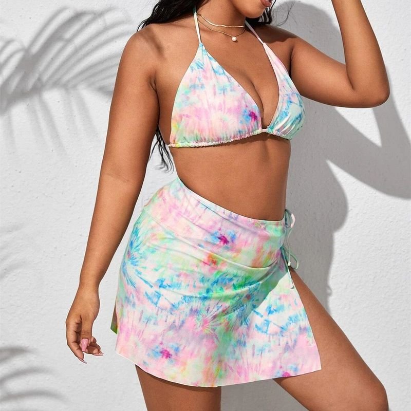 Women Plus Size Summer Vacationg Three-Piece Bikini Tie Dye Print Skirt Split Swimsuit