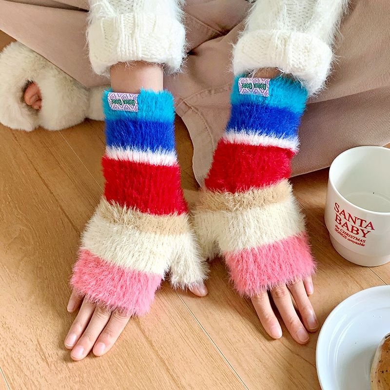 Autumn Winter Women Fashion Rainbow Warm Knitted Half Finger Gloves