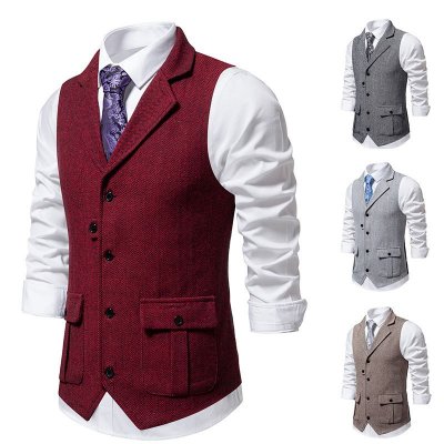 Men Fashion Casual Business British Style Solid Color Sleeveless Lapel Vest