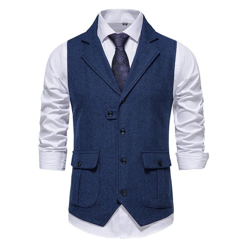 Men Fashion Casual Business British Style Solid Color Sleeveless Lapel Vest