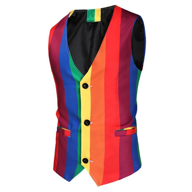 Men Fashion Casual Party Rainbow Stripe Plus Size Vest Long Sleeve Lapel Suit Trousers Three-Piece Set