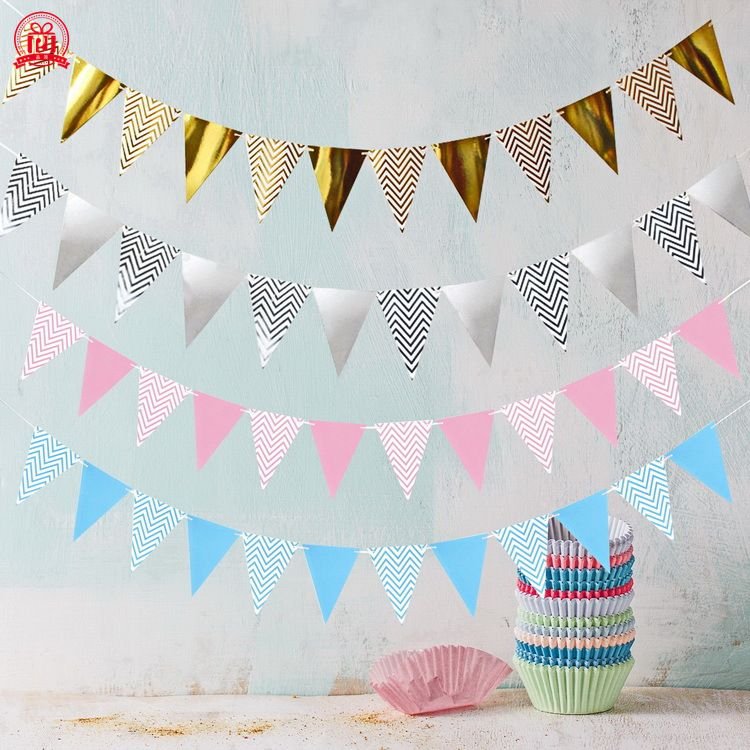 Simple Nordic Style Wavy Pattern Bronzing Birthday Party Pull Flag Pennant Banner