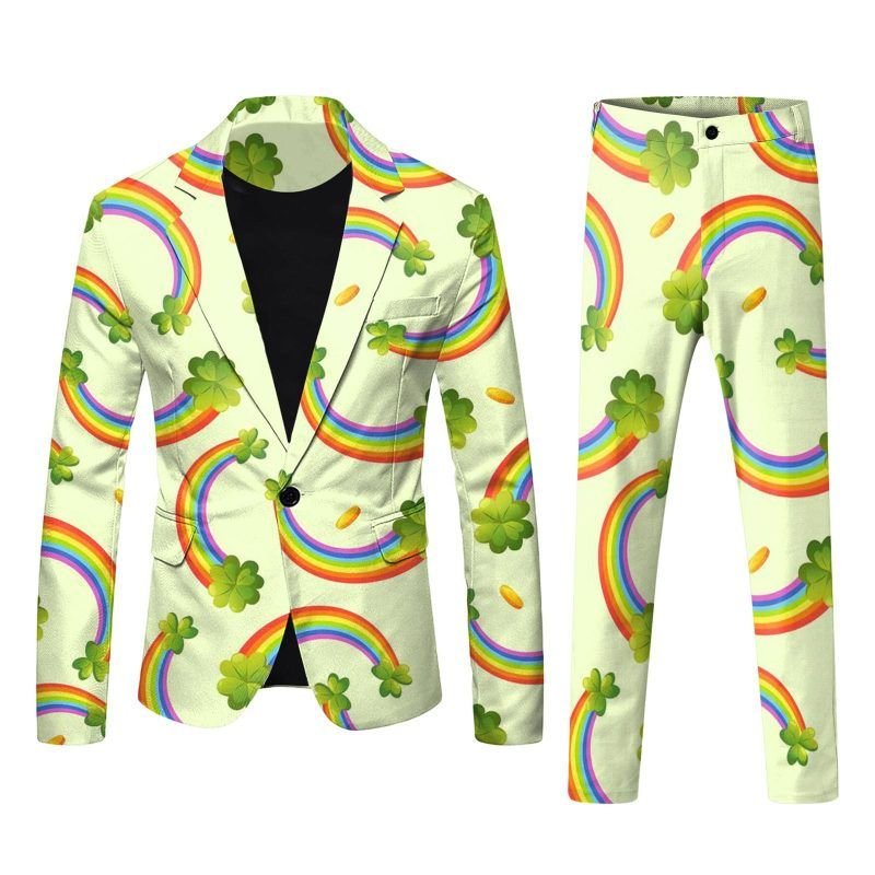 Men Fashion Casual Party St. Patrick Day 3D Print Long Sleeve Lapel Suit Trousers Set