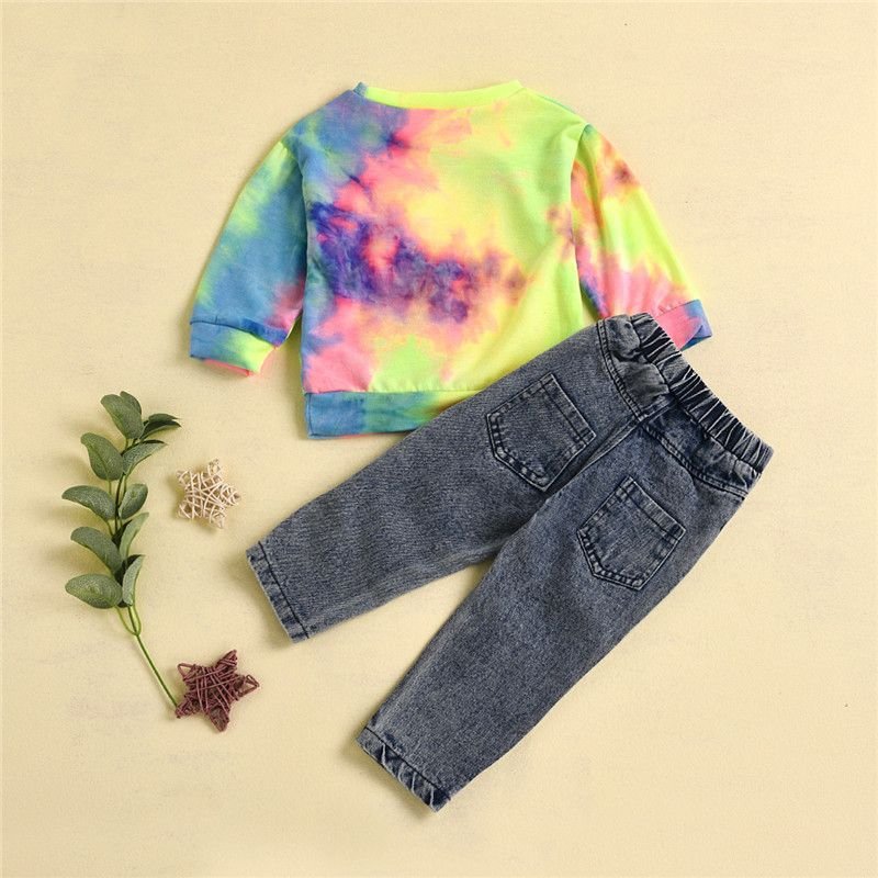 Girl Round Neck Long Sleeve Tie Dye Tops And Ripped Jeans Set