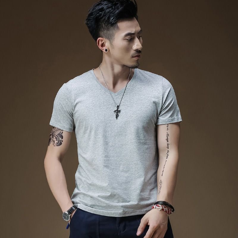 Short-Sleeved Polyester T-Shirt Men V Neck Slim-Fit Solid Color Logo Custom