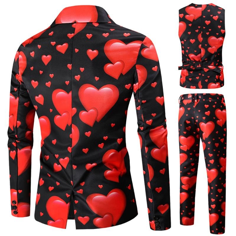 Men Fashion Casual Party Valentine Heart Print Plus Size Vest Long Sleeve Lapel Suit Trousers Three-Piece Set