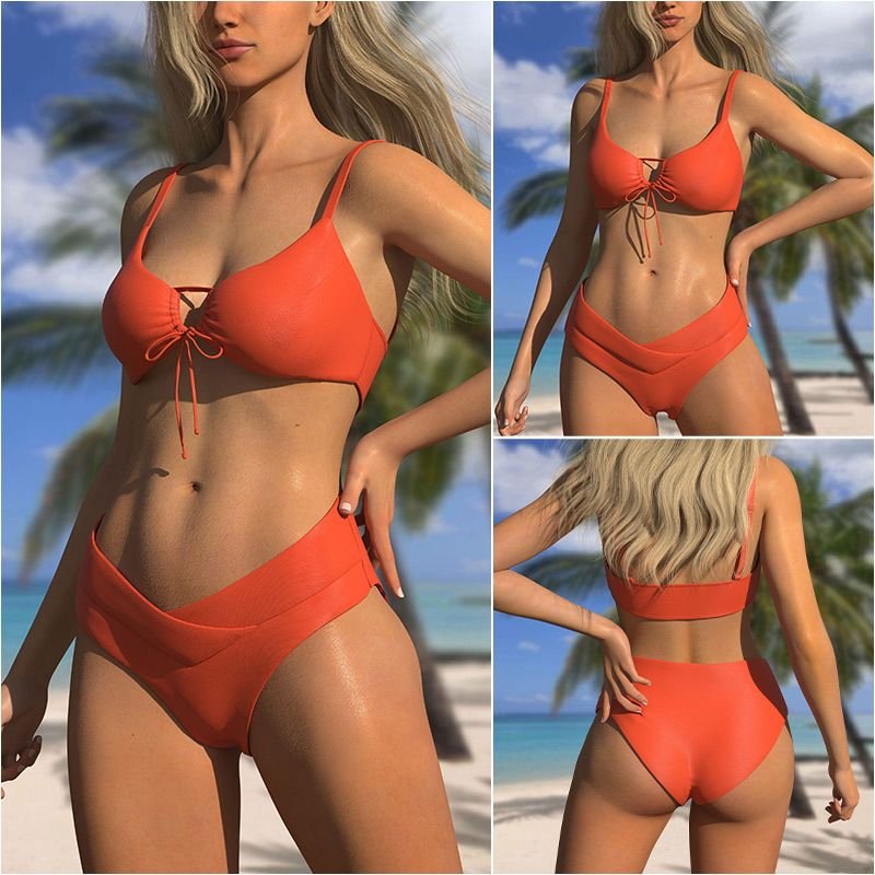 Women Fashion Sexy Solid Color Lace-Up Bikini Swimsuit Set