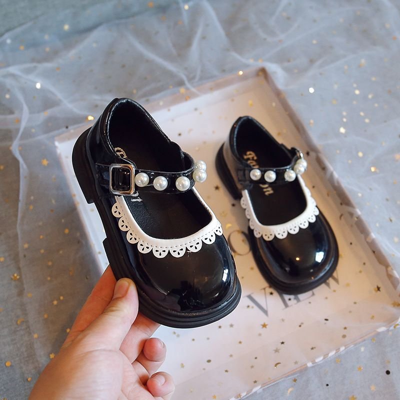 Kids Girls Casual Cute Square-Toe Pearl Velcro Flat Shoes