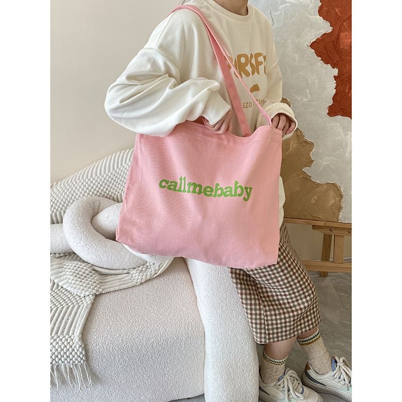 Women Simple Solid Color Letter Printing Large Capacity Canvas Shopping Bag