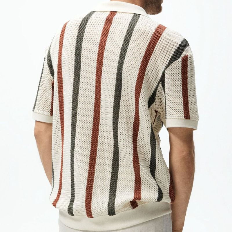 Men Fashion Casual Basic Stripe Knitted Short Sleeve Lapel POLO Shirt